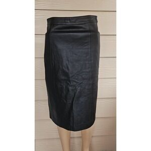 Vtg Genuine Leather Pencil Midi Black Skirt Snap Button Closure Zipper Mob Wife